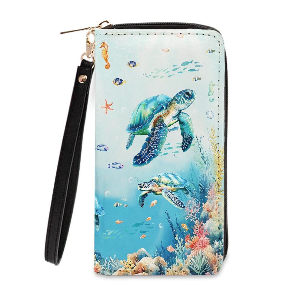 3771 Sea Turtle Wallets - Slim PU Leather Wallet with Cash Zipper Coin